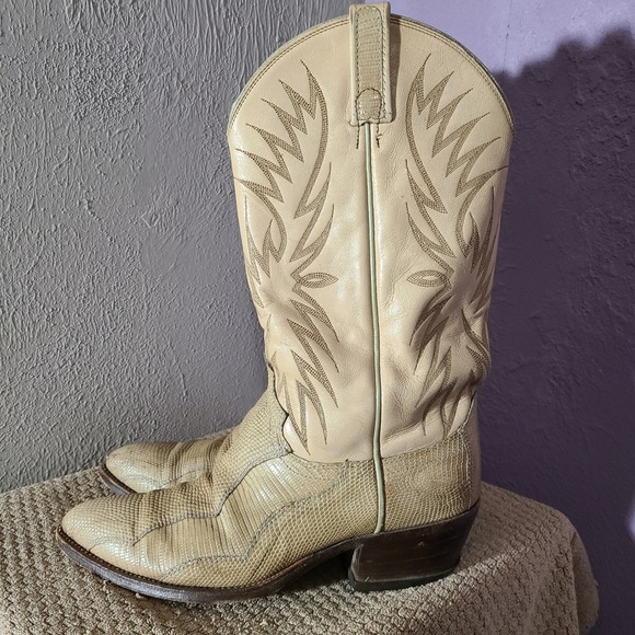 Vtg Dan Post Mens Cream Tan Exotic Lizard Leather Cowboy Boots Pointed Toe 9.5D - Picture 2 of 12